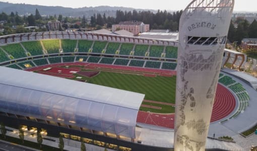 Hayward Field Tower pays tribute to the University of Oregon legacy with graphics depicting five Oregon track and field icons