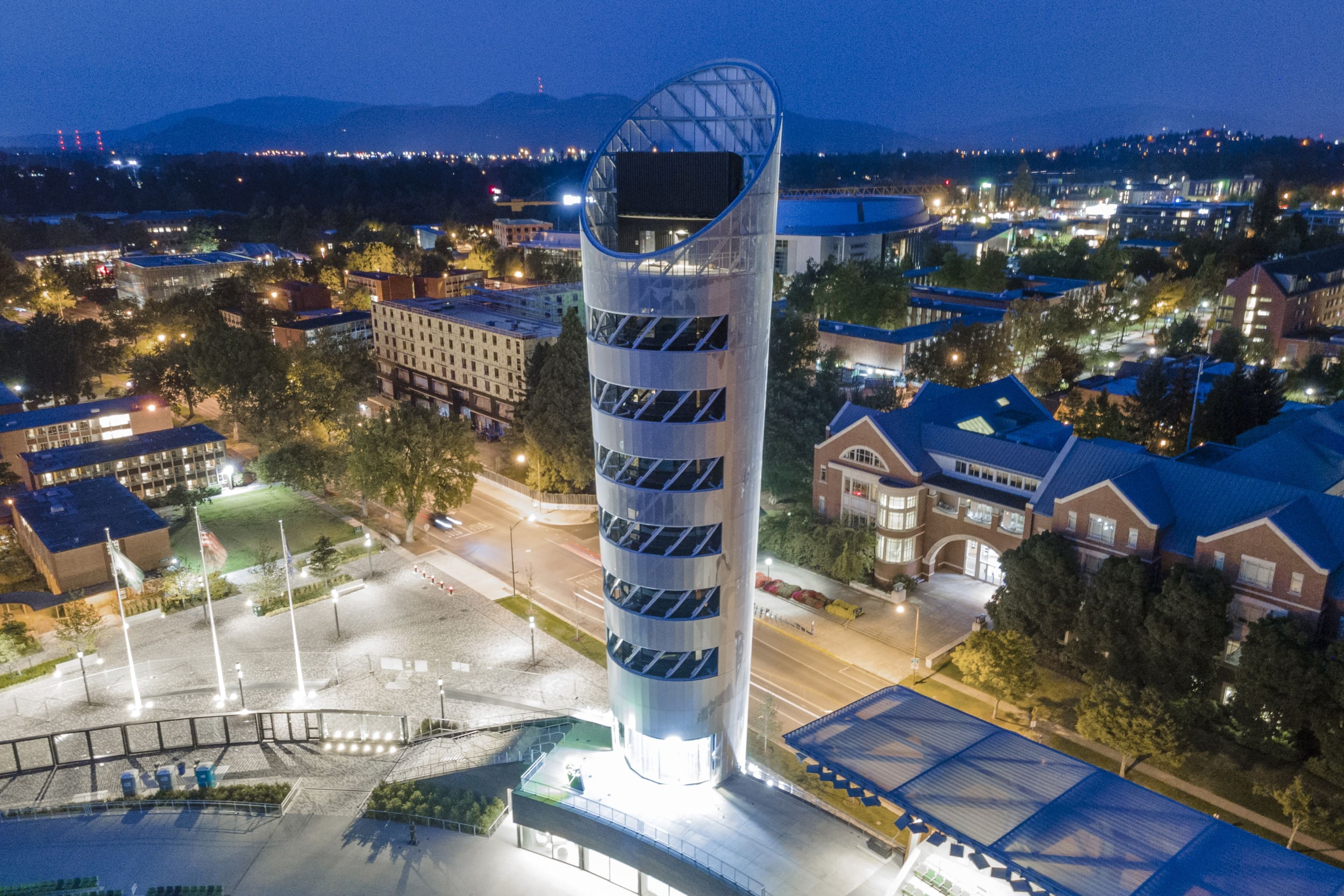 Night view of the 10-story Hayward Field Tower.