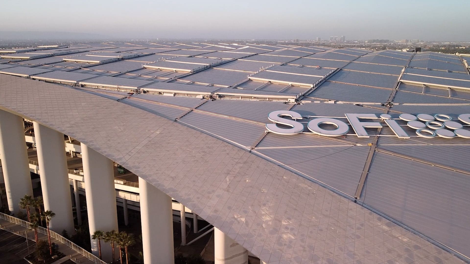 sofi-stadium_canopy panels_overhead close The unique Frost White anodized finish on 1/8 inch thick aluminum panels has never been used before in any other project.