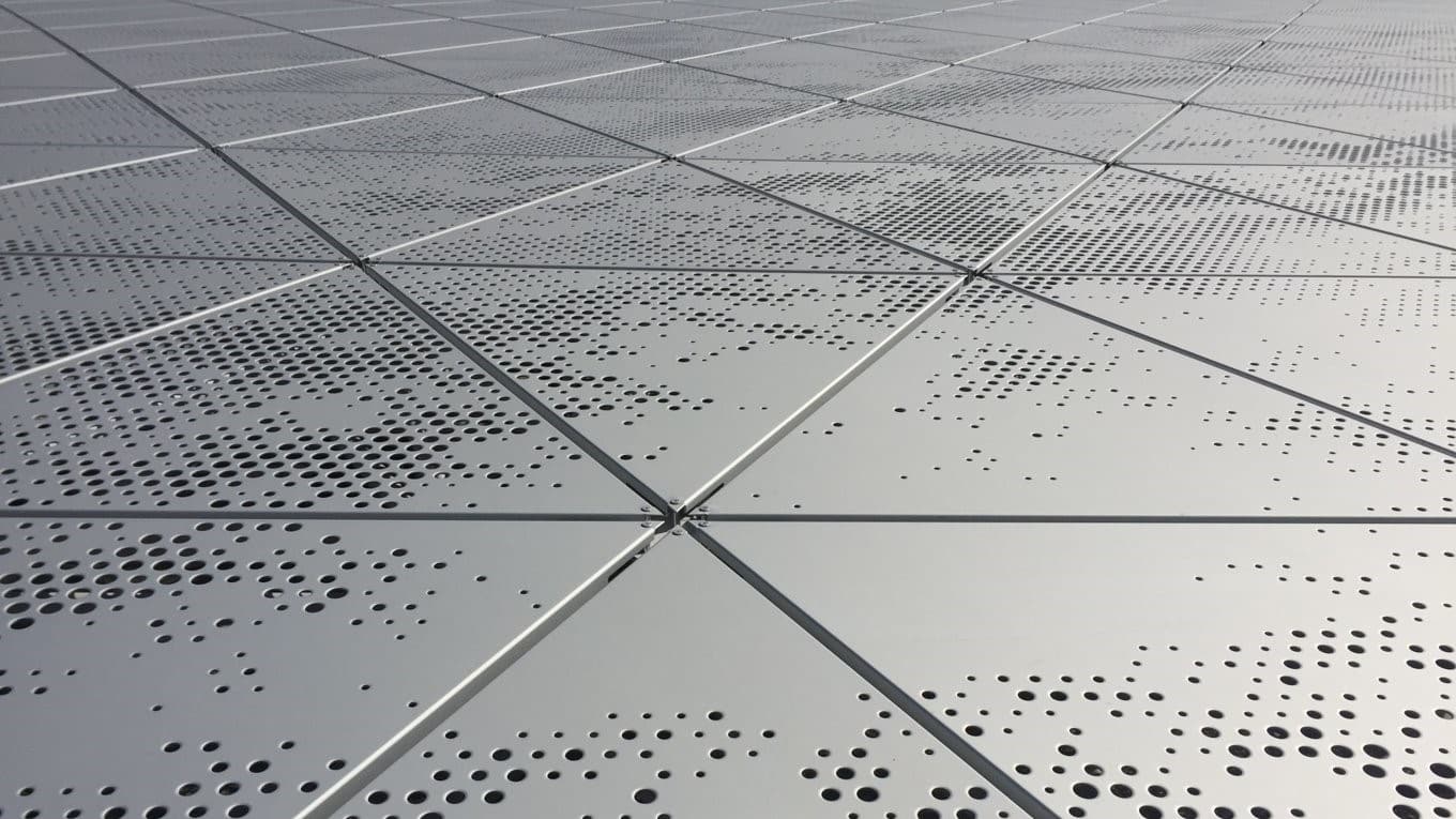 Closeup of Frost White anodized aluminum triskin panels.