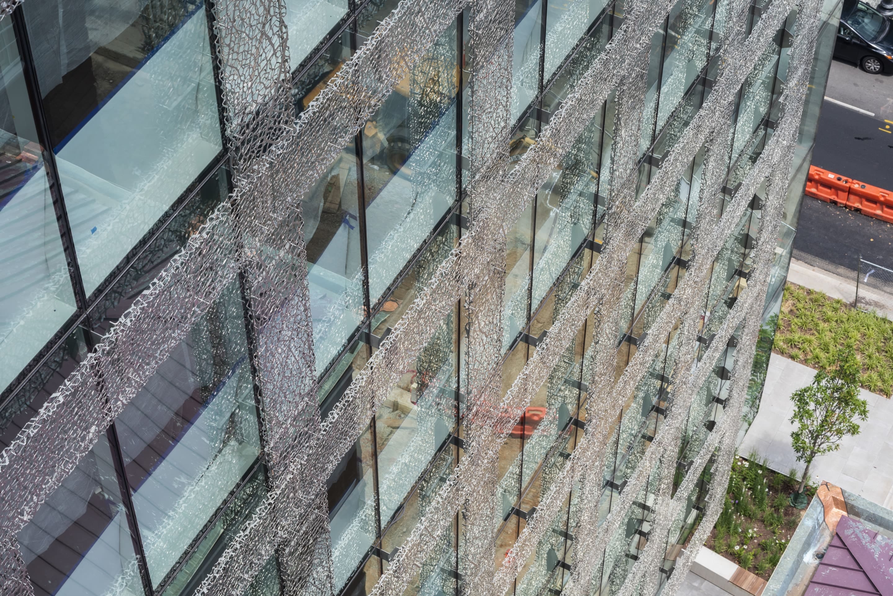 Drone perspective of the 2100 L Street facade.