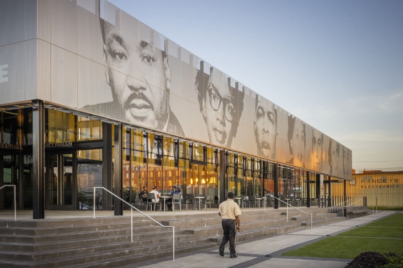 Zahner ImageWall was used to create the custom perforated facade that clads the awning of the EJI Legacy Pavilion.