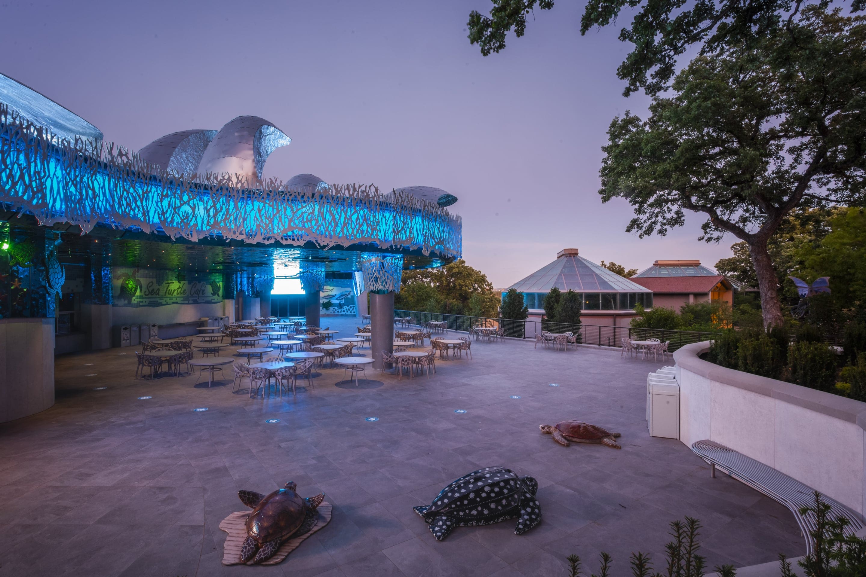 View of the Sea Turtle Cafe outdoor space at sunset with lighting.
