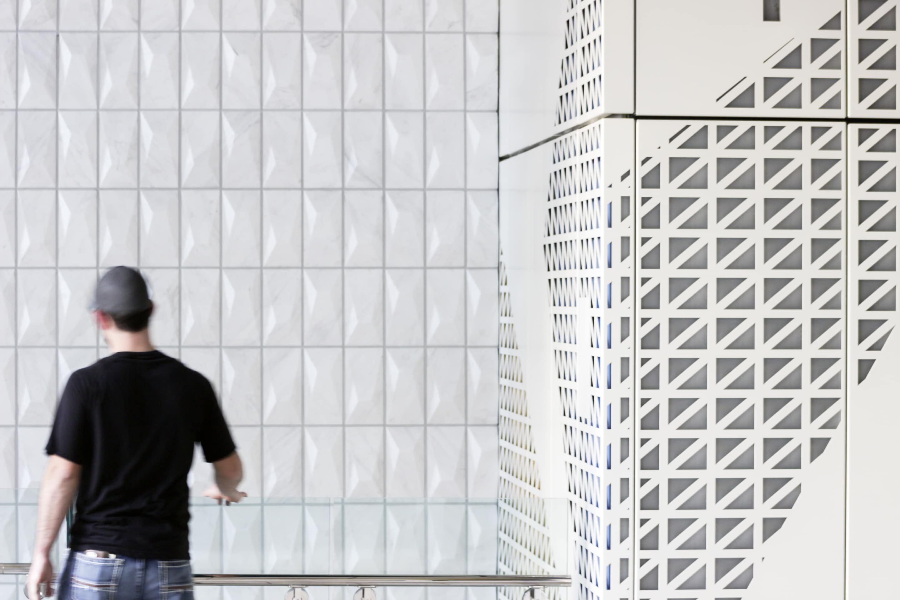 Close-up view of the Zahner-fabricated and installed wall cladding.