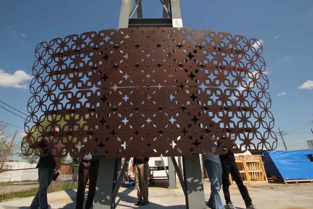 zahner-basra-1921 A preweathered panel mockup during inspection.