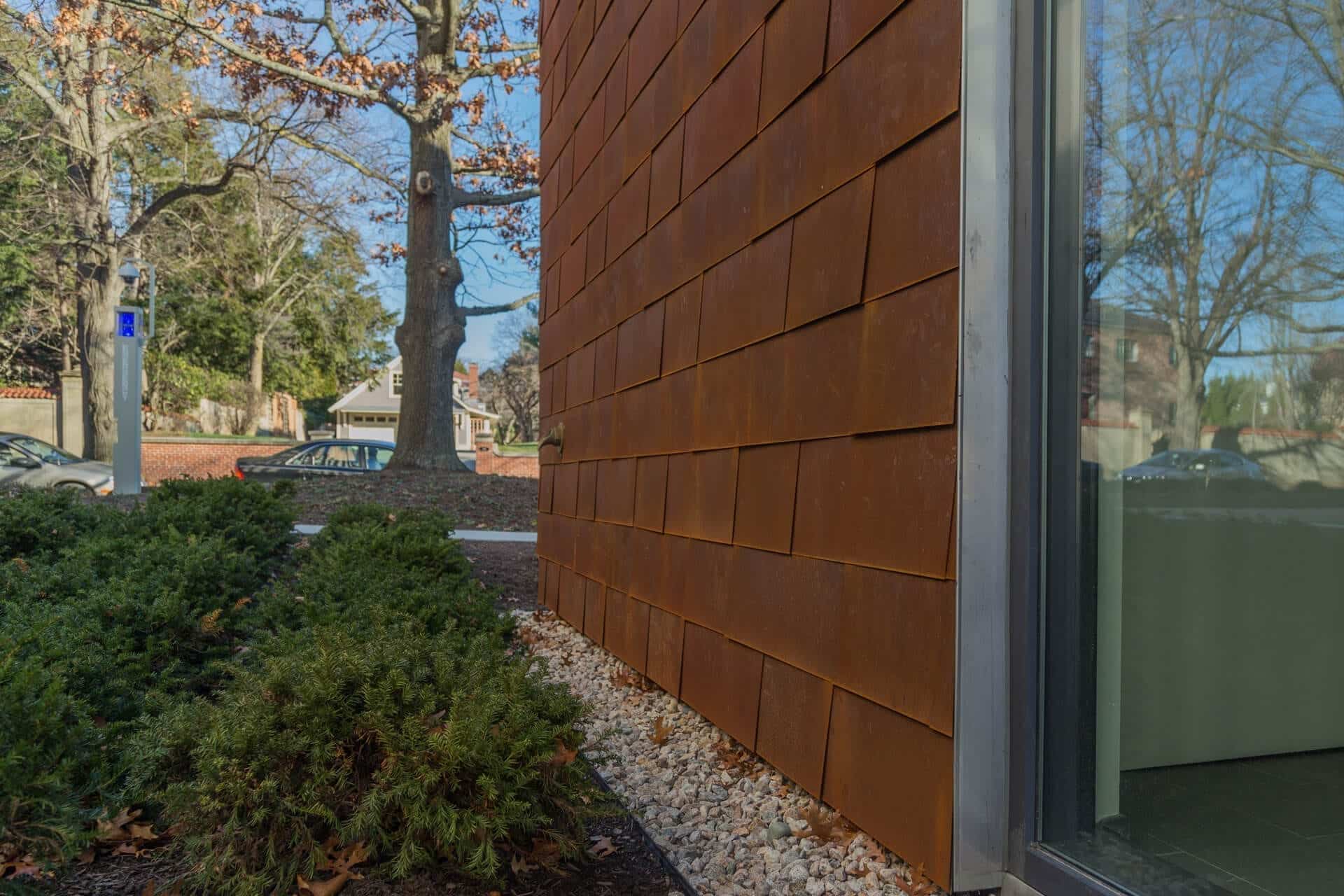 Preweathered steel shingle cladding on the Applied Math building at Brown University.