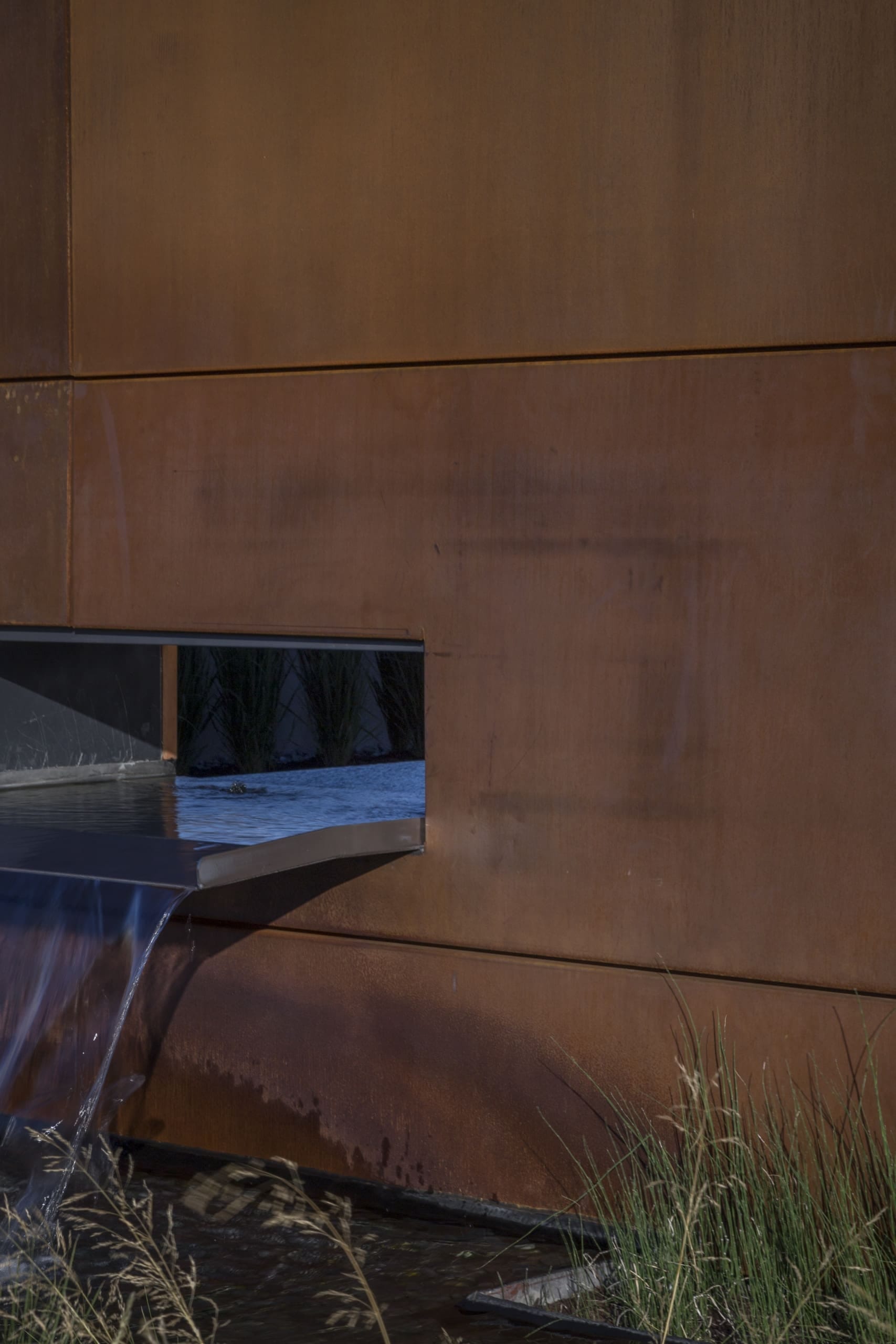 Preweathered weathering steel water feature at the Gulch Crossing development in Nashville, Tennessee.
