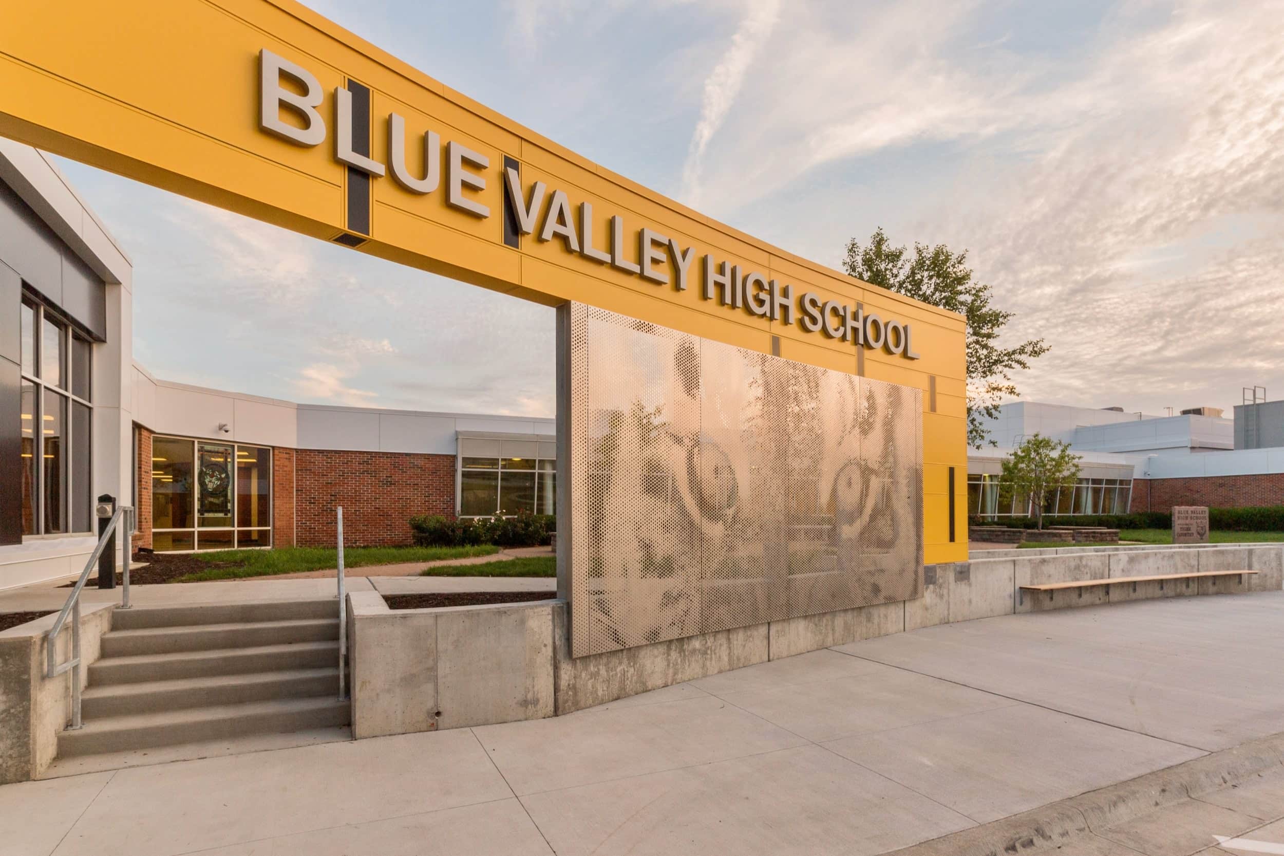 Blue Valley High School's mascot greets students and faculty alike as the enter the building.