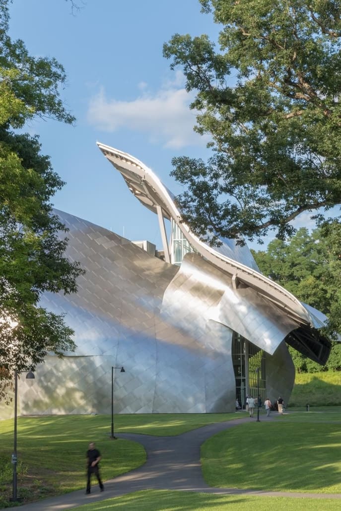 The Fisher Center for the Performing Arts at Bard College, designed by Frank Gehry architects, features Zahner's Angel Hair® stainless steel.