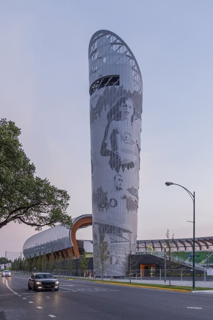 Hayward Field at the University of Oregon features an aluminum Zahner ImageWall.