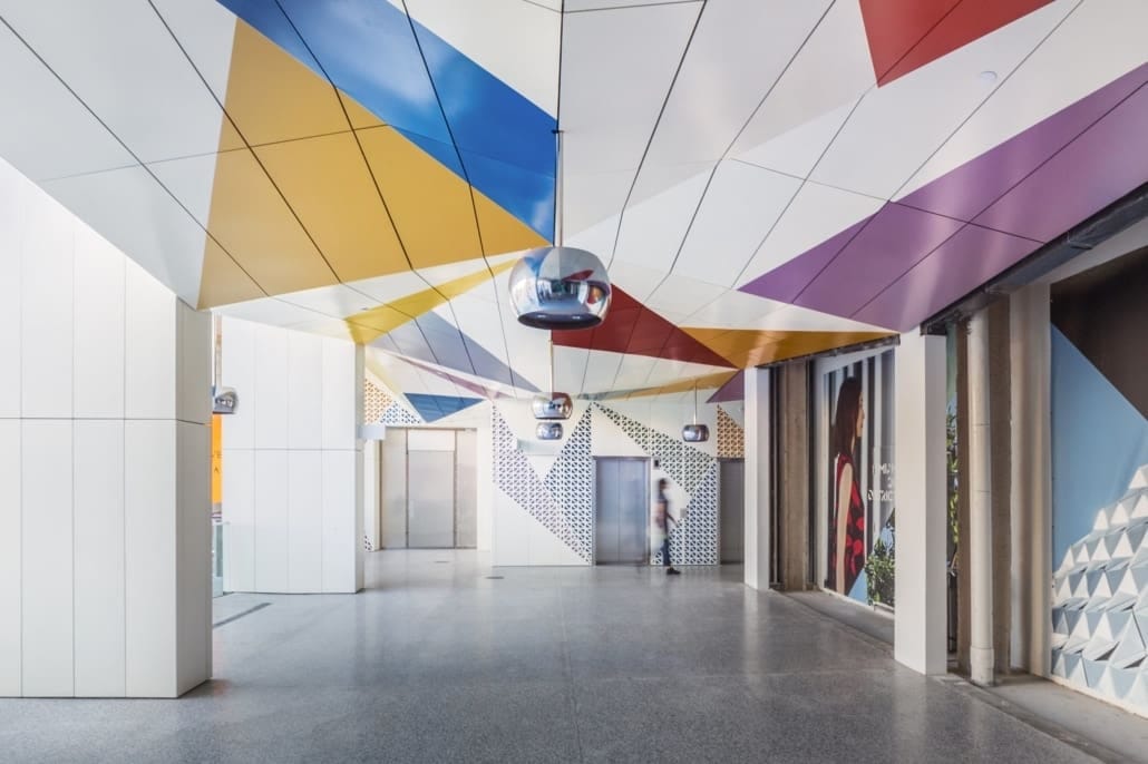 A painted aluminum soffit system at Paradise Plaza in Miami, designed by FreelandBuck architects.
