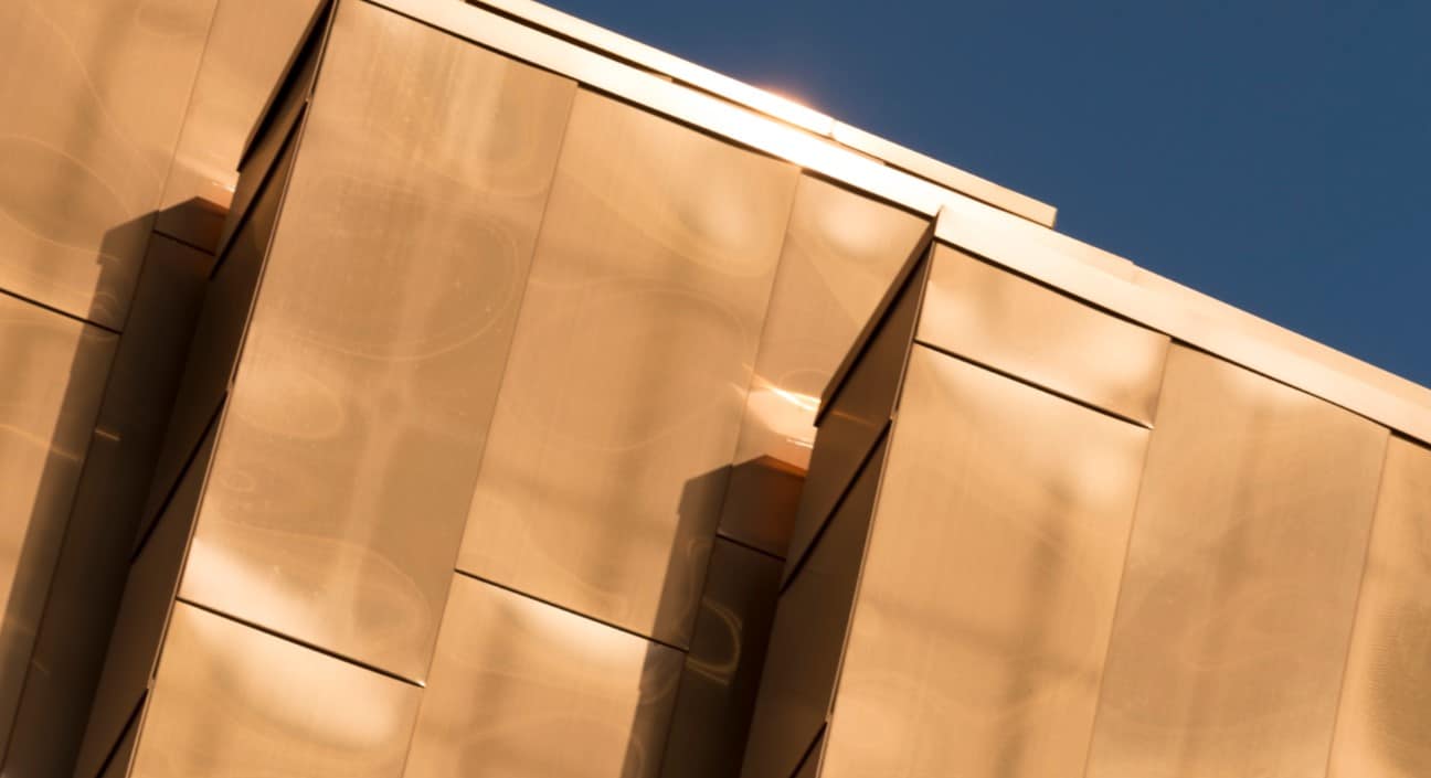 COPPER-COLOR TITANIUM-COATED STAINLESS STEEL USED ON THE TREASURE ISLAND CASINO IN LAS VEGAS.