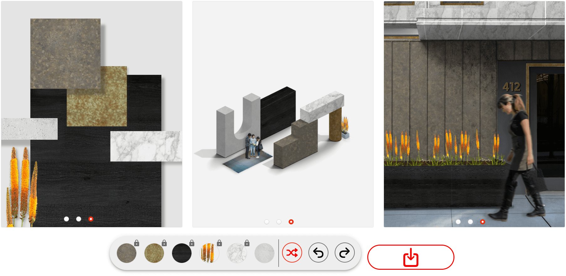 The Material Composer Application makes it simple to shuffle through different materials and easy to generate multiple palettes.