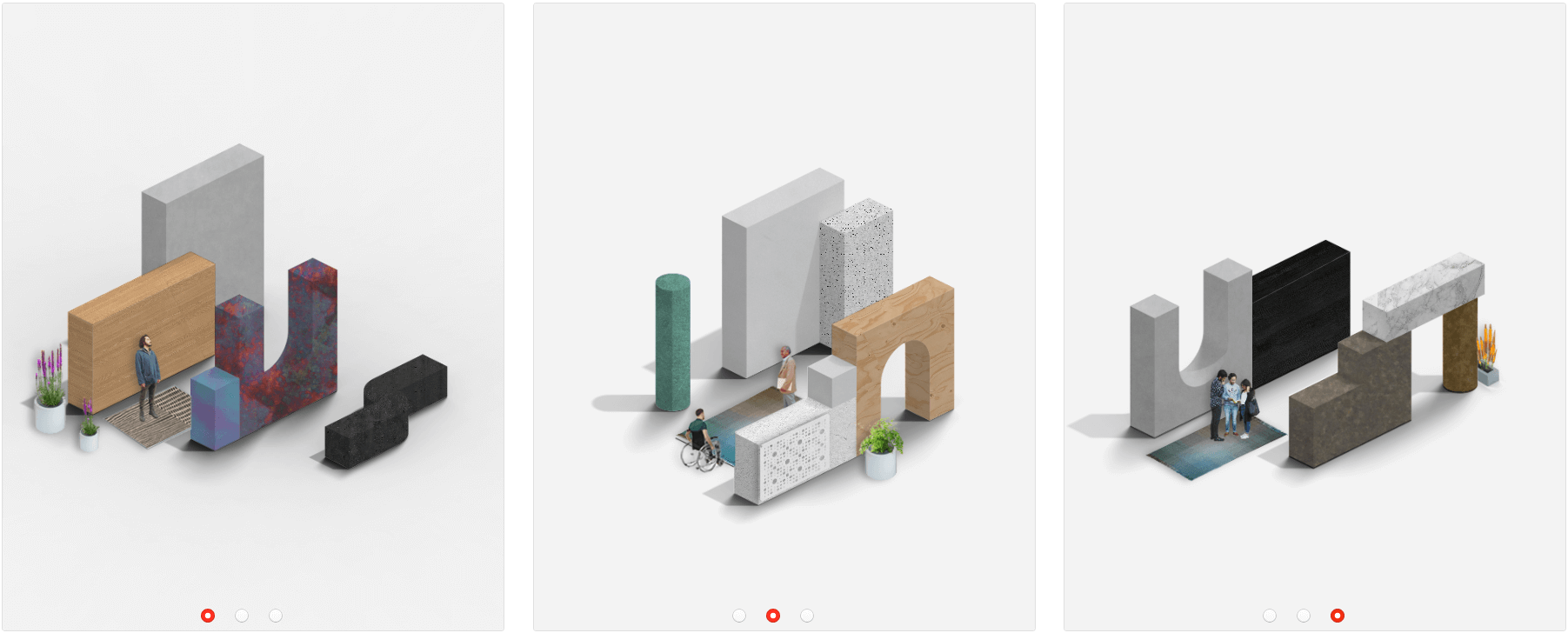 The second frame in MaterialComposer applies the material palette to simple geometric forms, with figures included for scale.