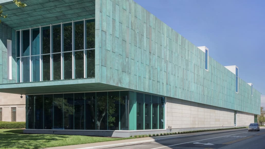 COLUMBUS MUSEUM OF ART, EAST FACADE, GLASS, AND PATINATED COPPER.