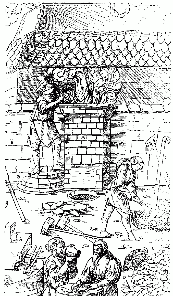 Iron smelting in Middle-Age, from "De Re Metallica" by Georgius Agricola, 1556