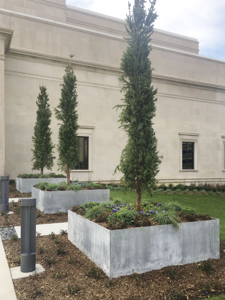 Custom raw zinc plate planters designed and fabricated by Zahner for the Spencer Art Museum.