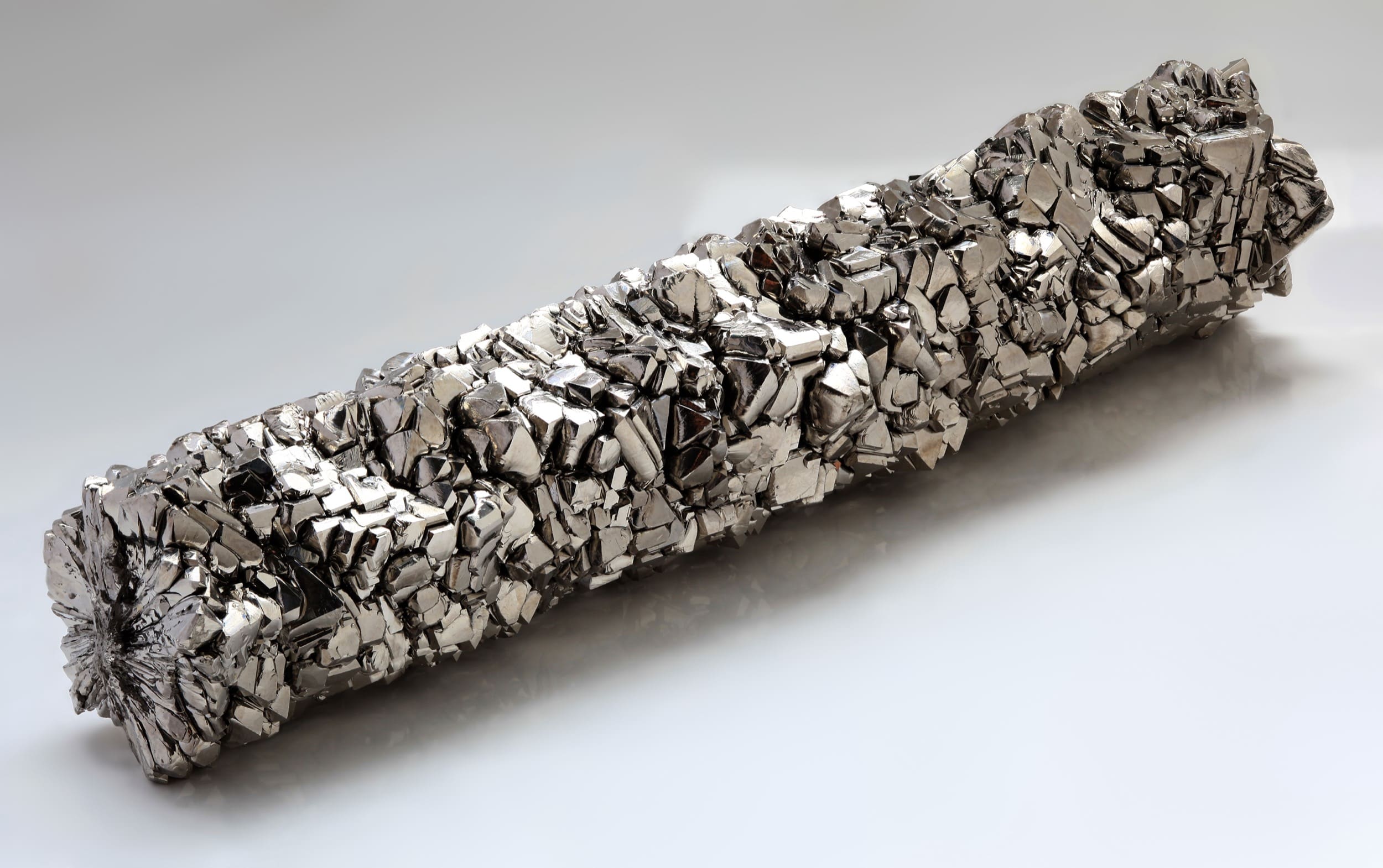 A ~5.5" long, 99.995% pure titanium crystal bar made via the iodide process.