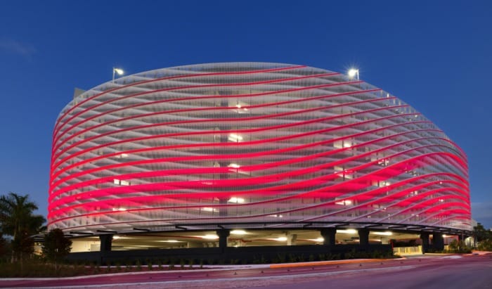 Facade lighting at night on Mount Sinai Medical Center Parking Garage in Miami Beach, Florida
