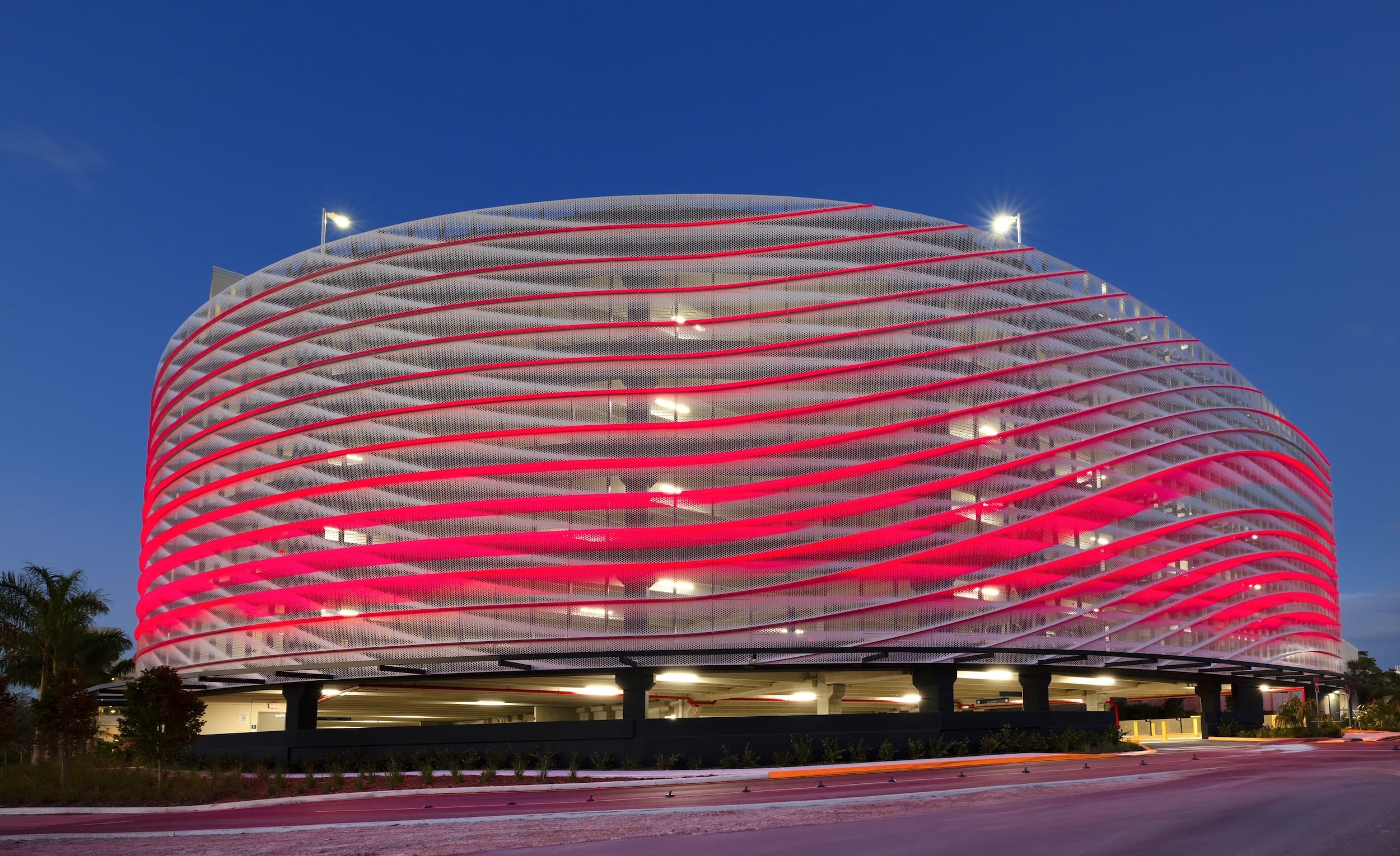 Facade lighting at night on Mount Sinai Medical Center Parking Garage in Miami Beach, Florida