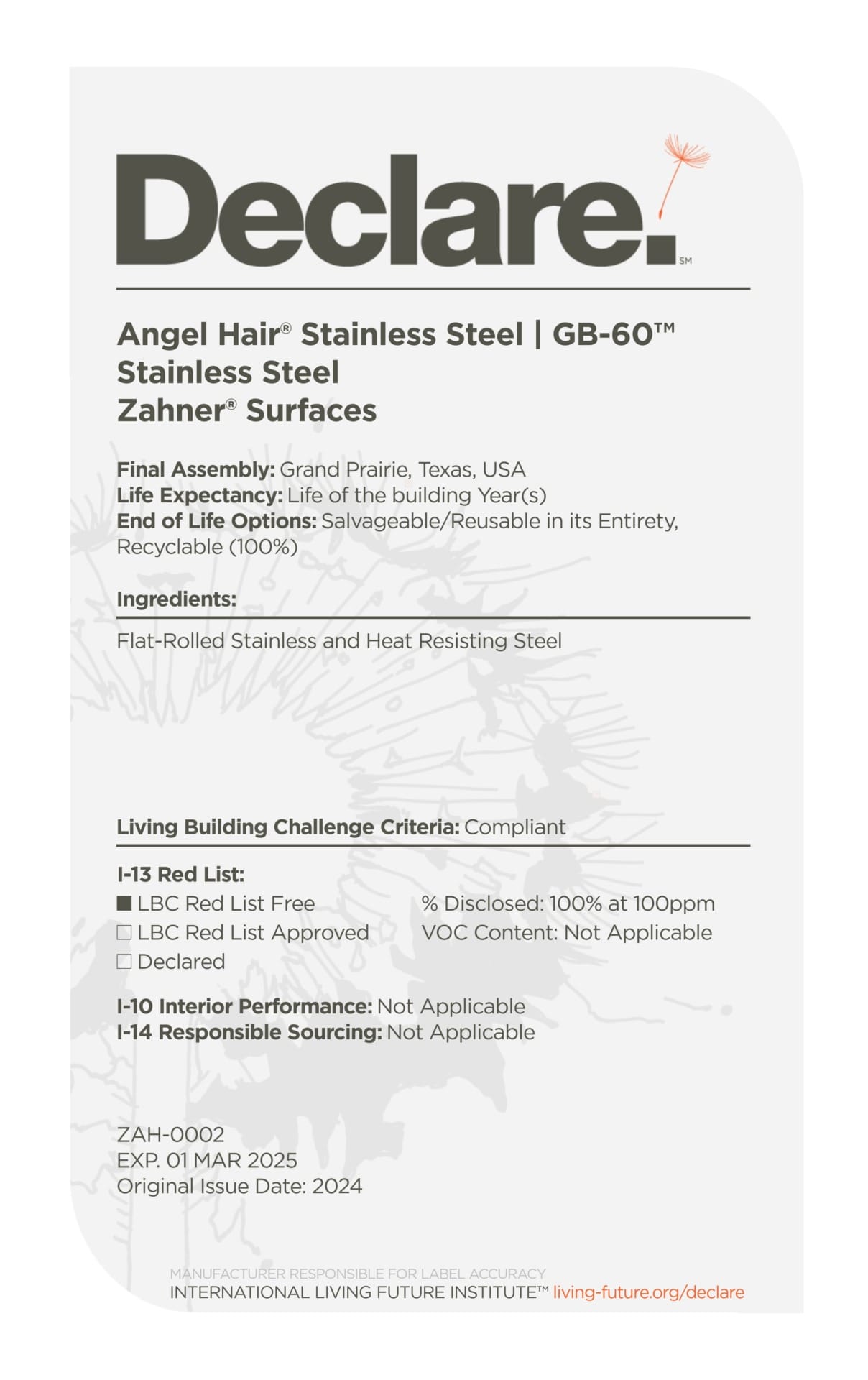 Declare label for Angel Hair® Stainless Steel | GB-60™ Stainless Steel Zahner® Surfaces