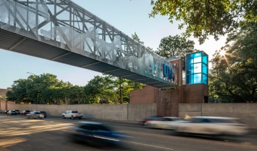 UT Arlington Cooper Street Bridge featuring ImageWall perforated metal panels.