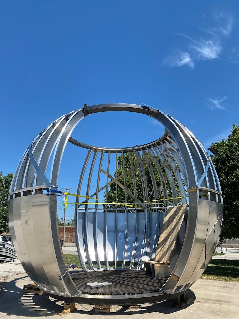 The sphere during construction at Zahner's headquarters in Kansas City.