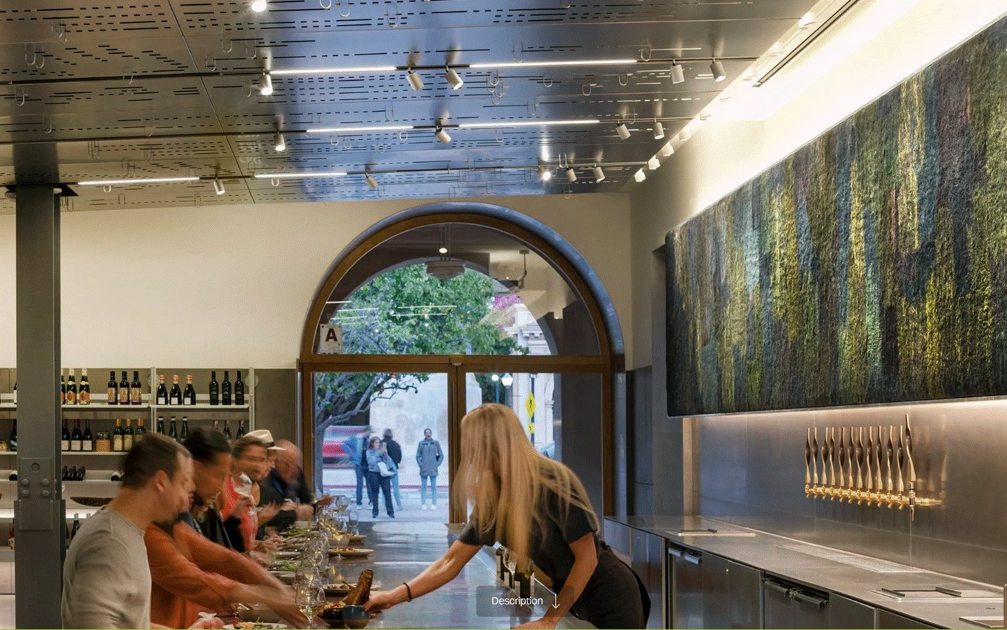 Piano roll ceiling in stainless Luce designed a patinated-steel ceiling for the Mingei Museum's café, which showcases a tapestry by Claudy Jongstra.